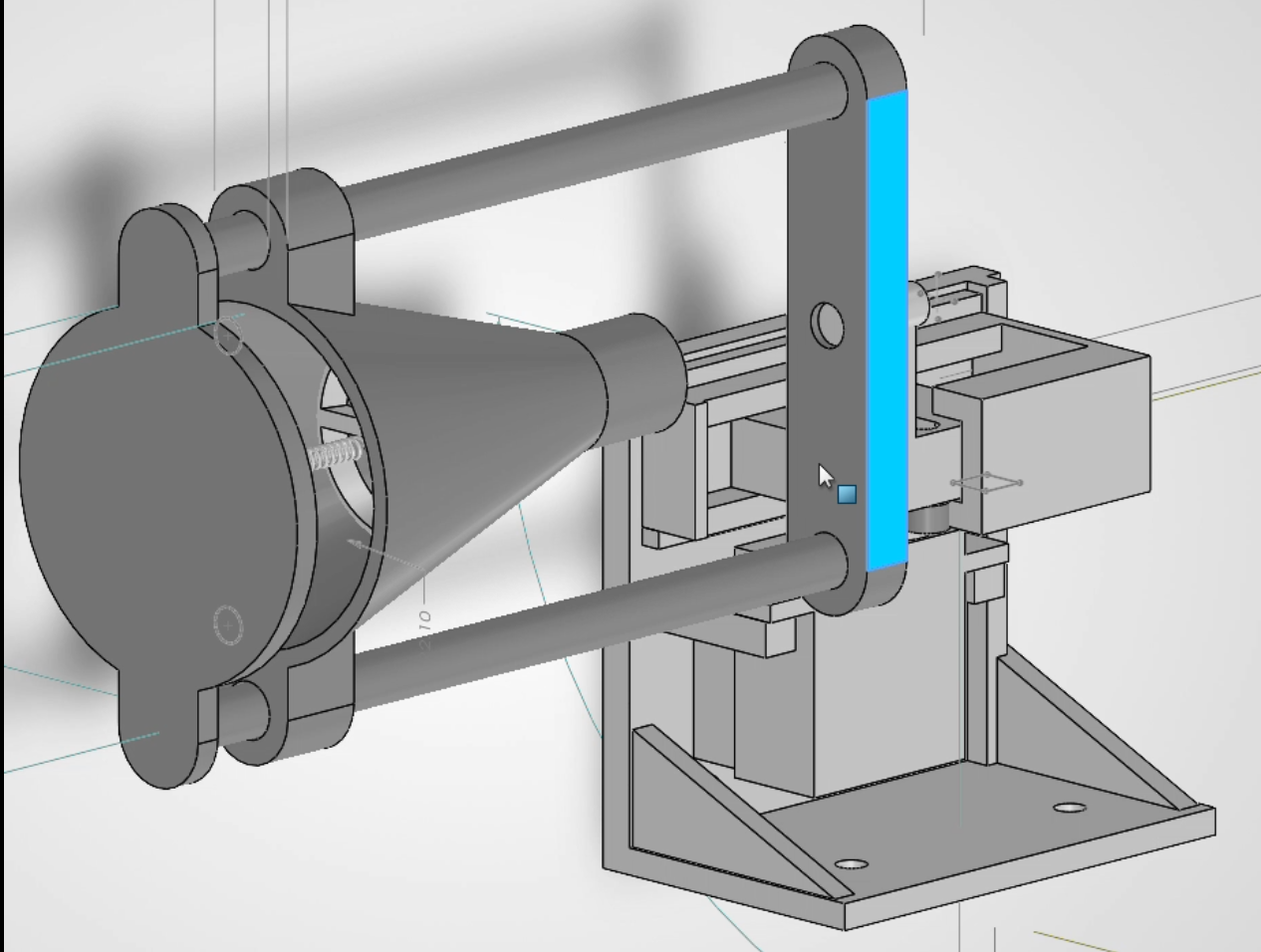 CAD assembly of a funnel inlet cap, guide rods, support frame and actuation mechanism